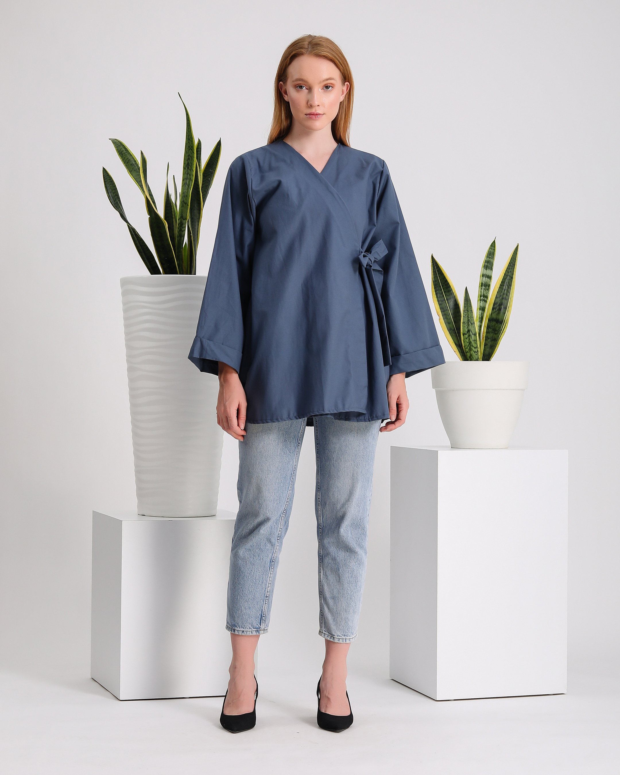 Mavi Yandan Bağlamalı Kimono