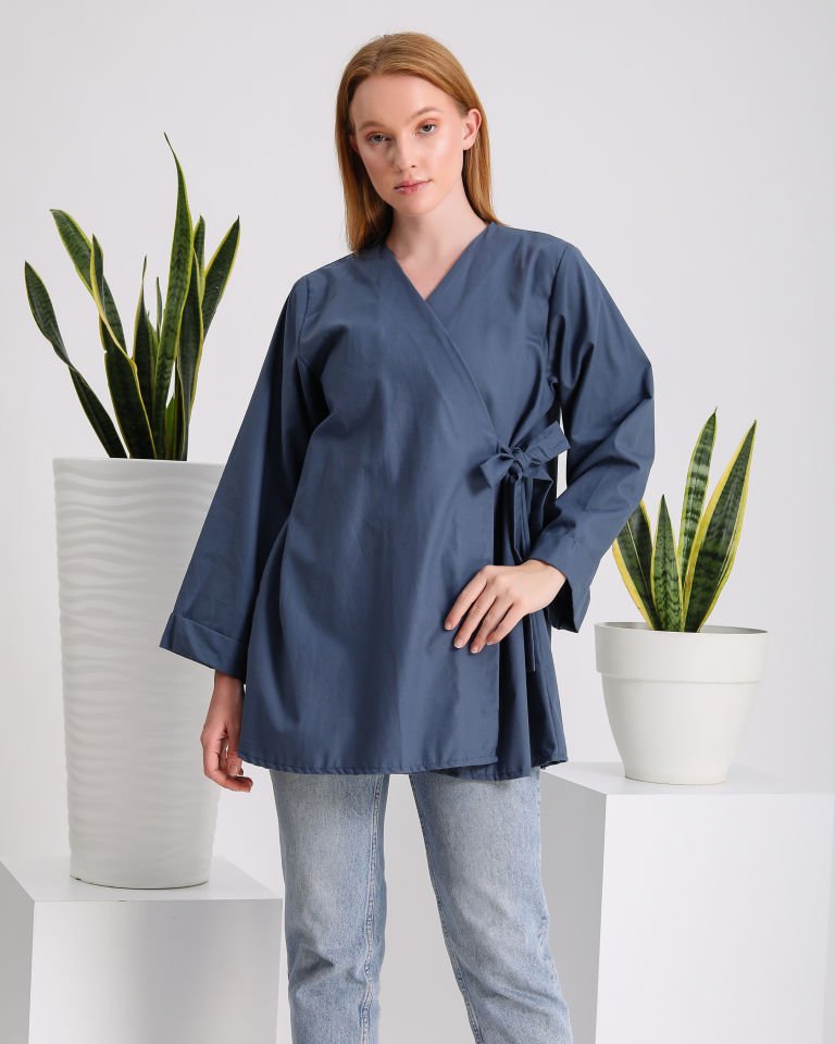 Mavi Yandan Bağlamalı Kimono