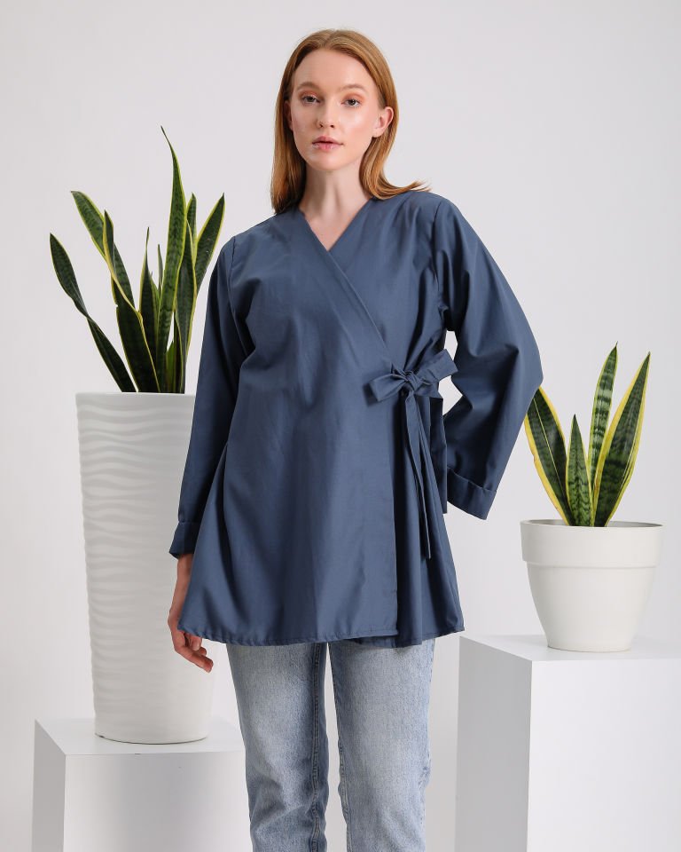 Mavi Yandan Bağlamalı Kimono