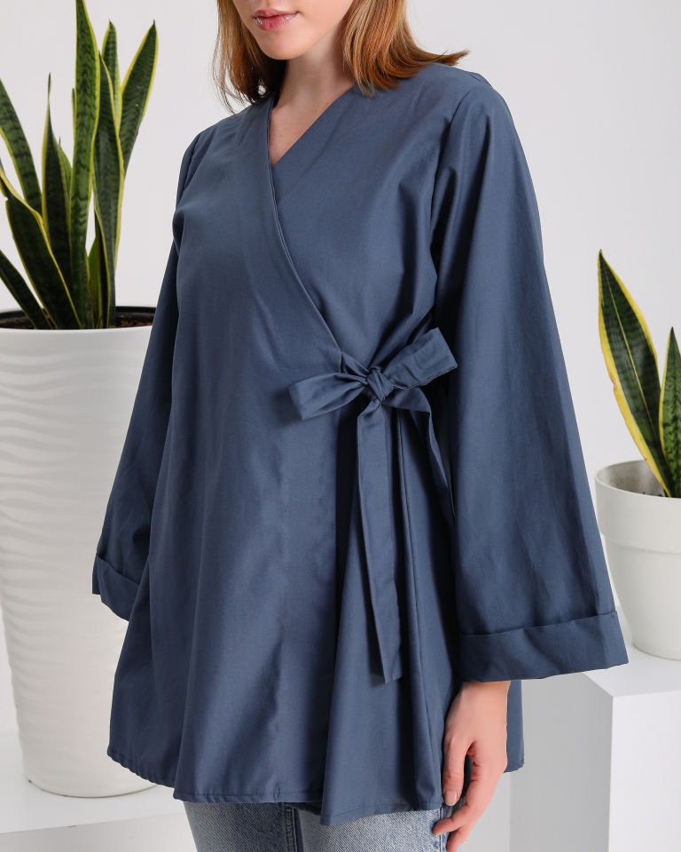 Mavi Yandan Bağlamalı Kimono