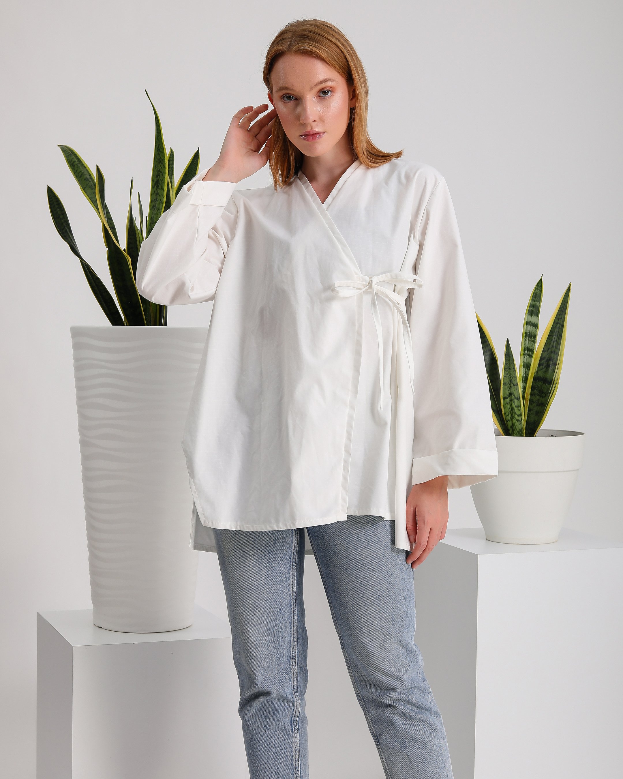 Yandan Bağlamalı Beyaz Kimono