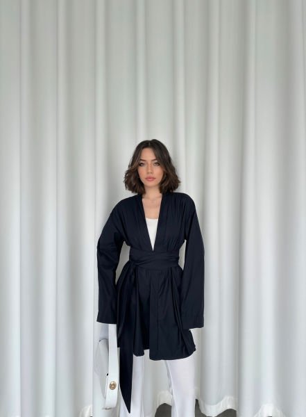 Lacivert Kemerli Kimono