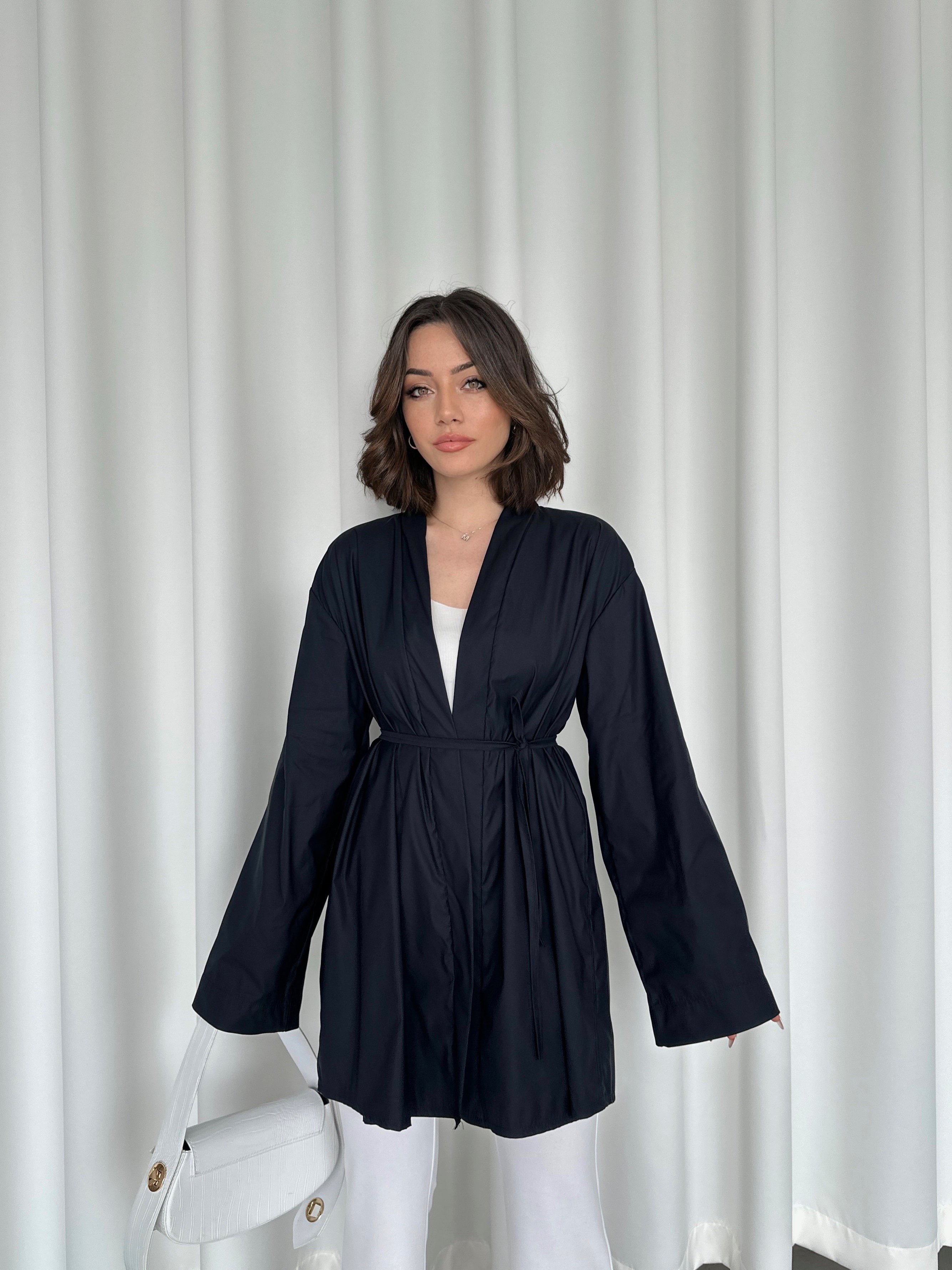 Lacivert Kemerli Kimono