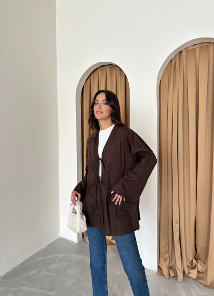 Kahverengi Bağlamalı Kimono